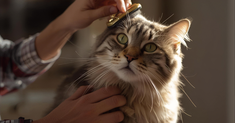 Cat being groomed with a soft bristle brush