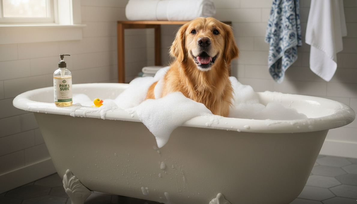 Dog in a bathtub with bubbles