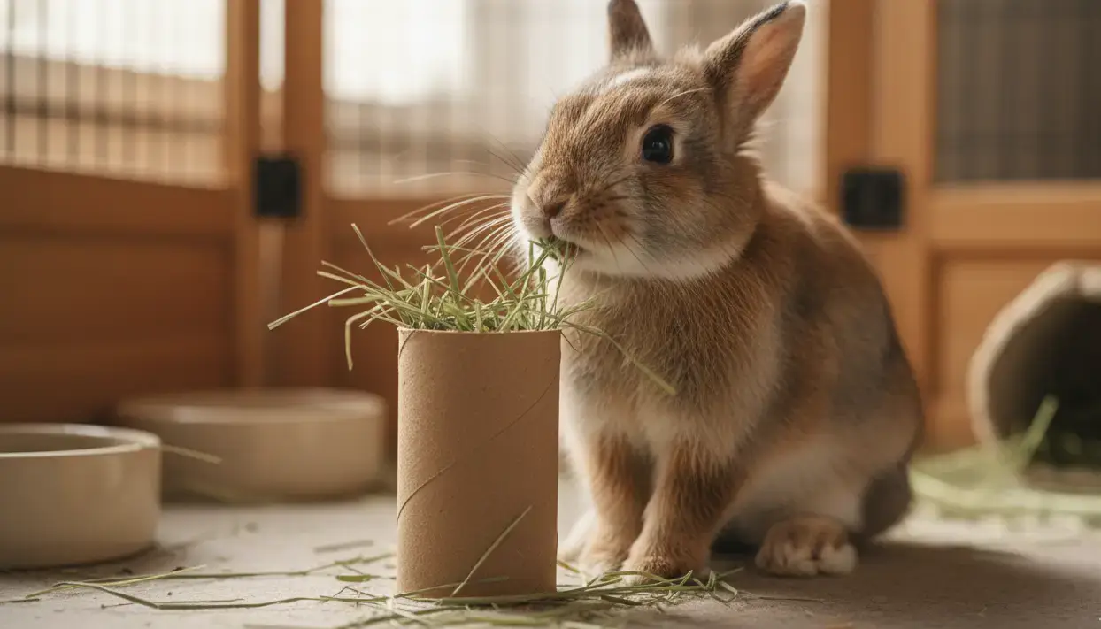 Rabbit chewing toilet roll hay feeder