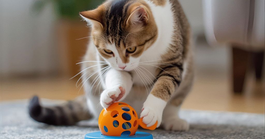 Cat playing with interactive toy indoors