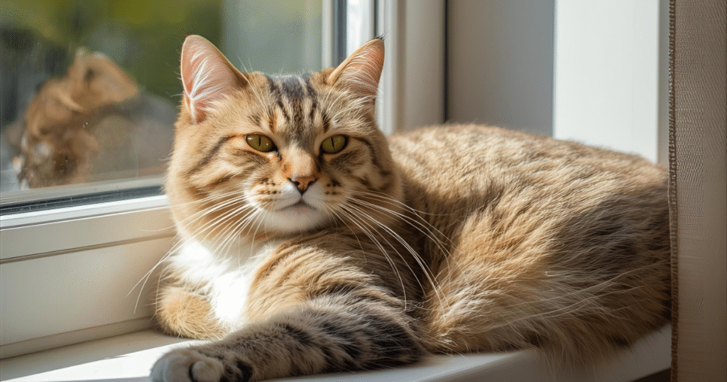 Indoor cat lounging on window perch