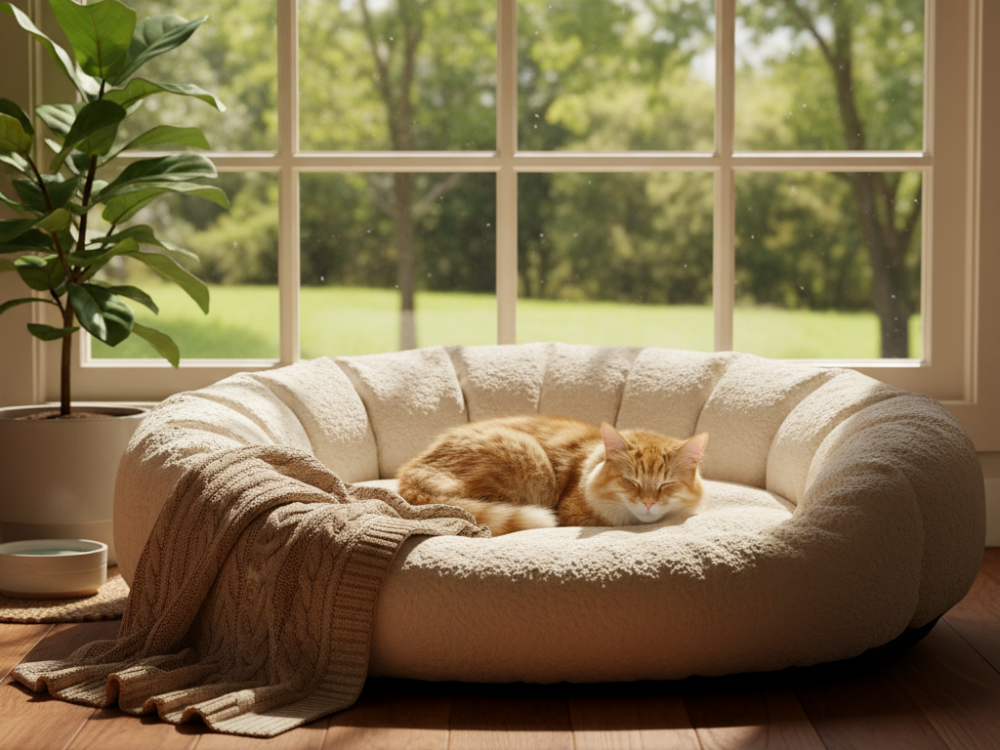 Cozy cat bed or crate beside sofa