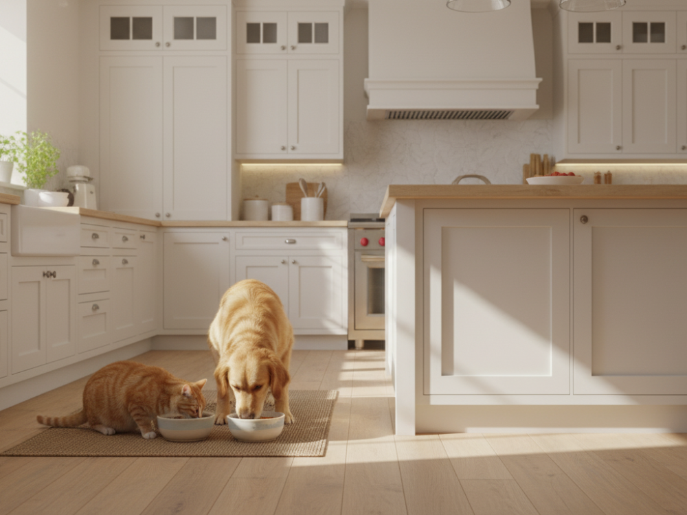 Food bowl close-up with pet eating