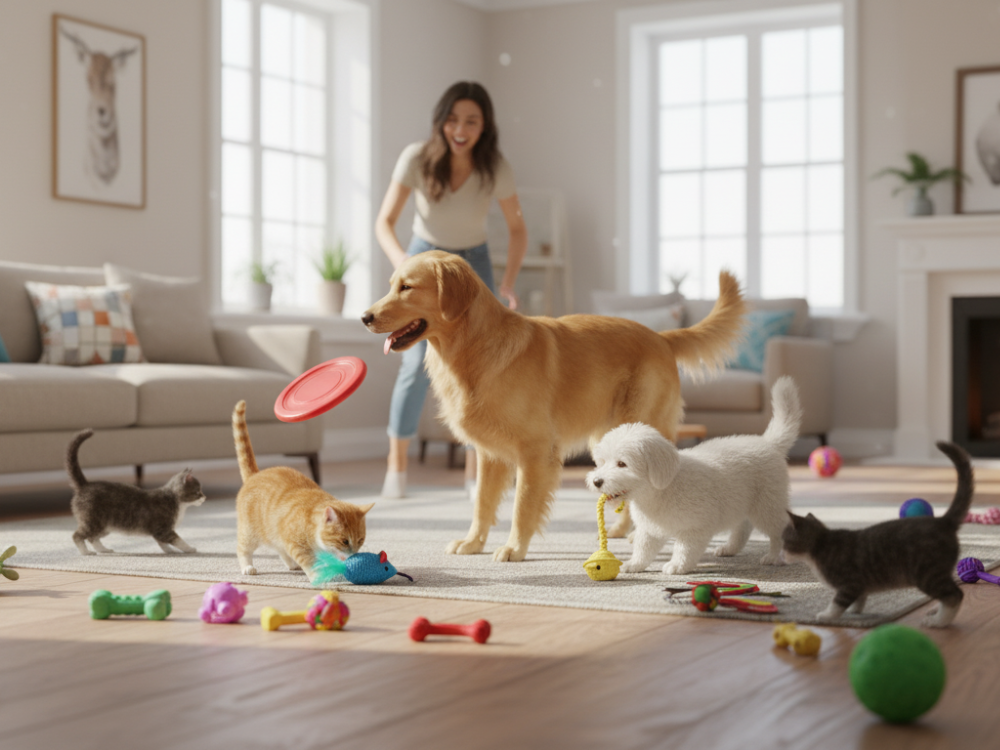 Pets playing with colorful toys