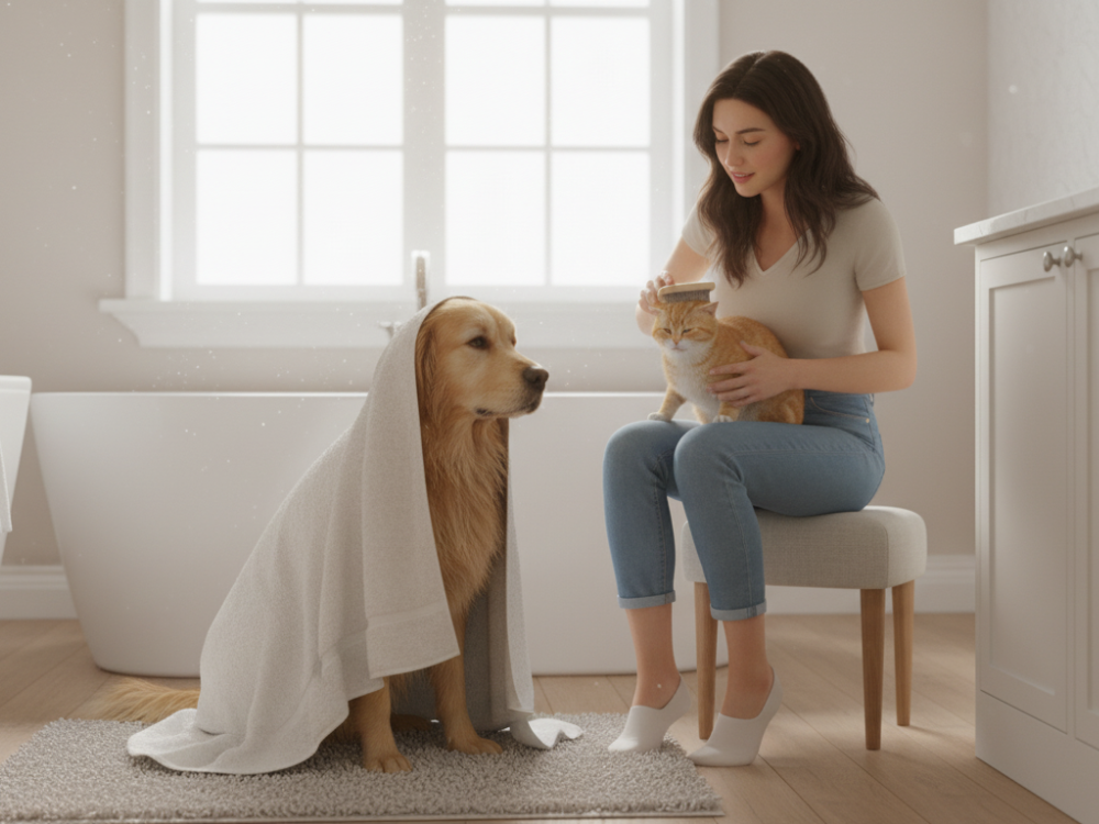 Cat being brushed, dog wrapped in towel
