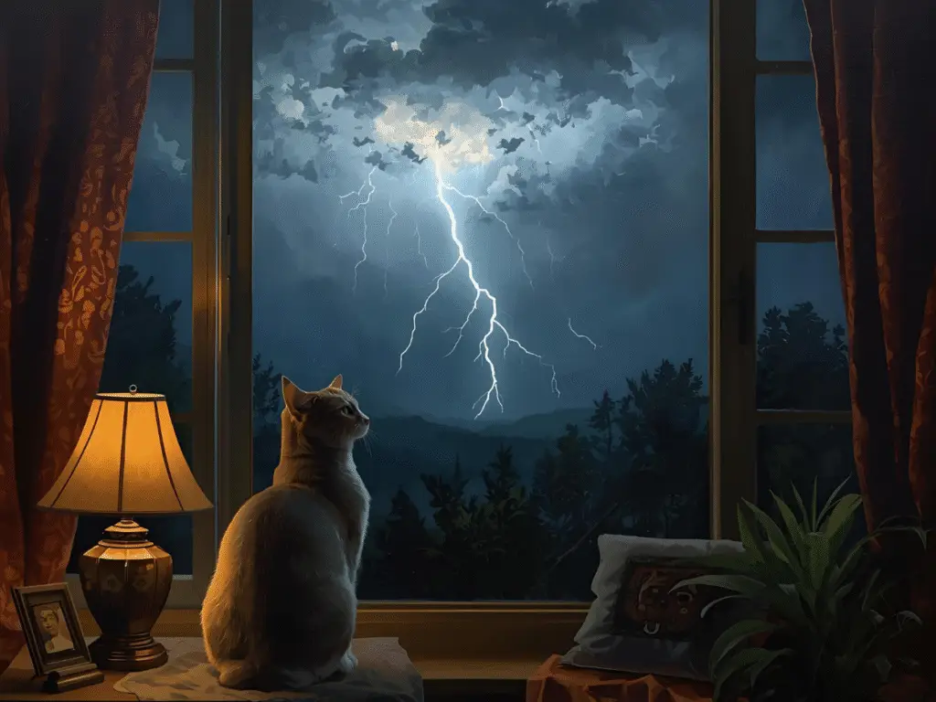 Cat watching lightning from inside