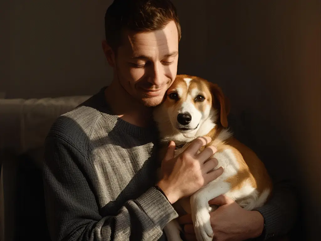 Owner and pet cuddling in warm light