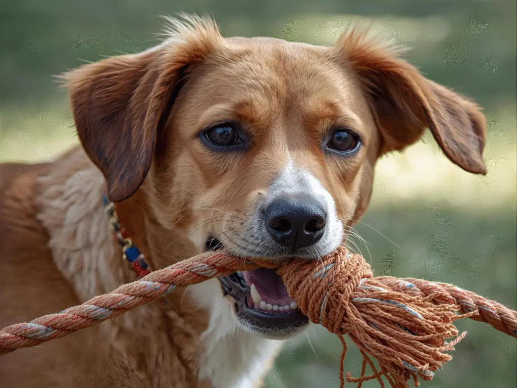 Dog tugging on a rope toy