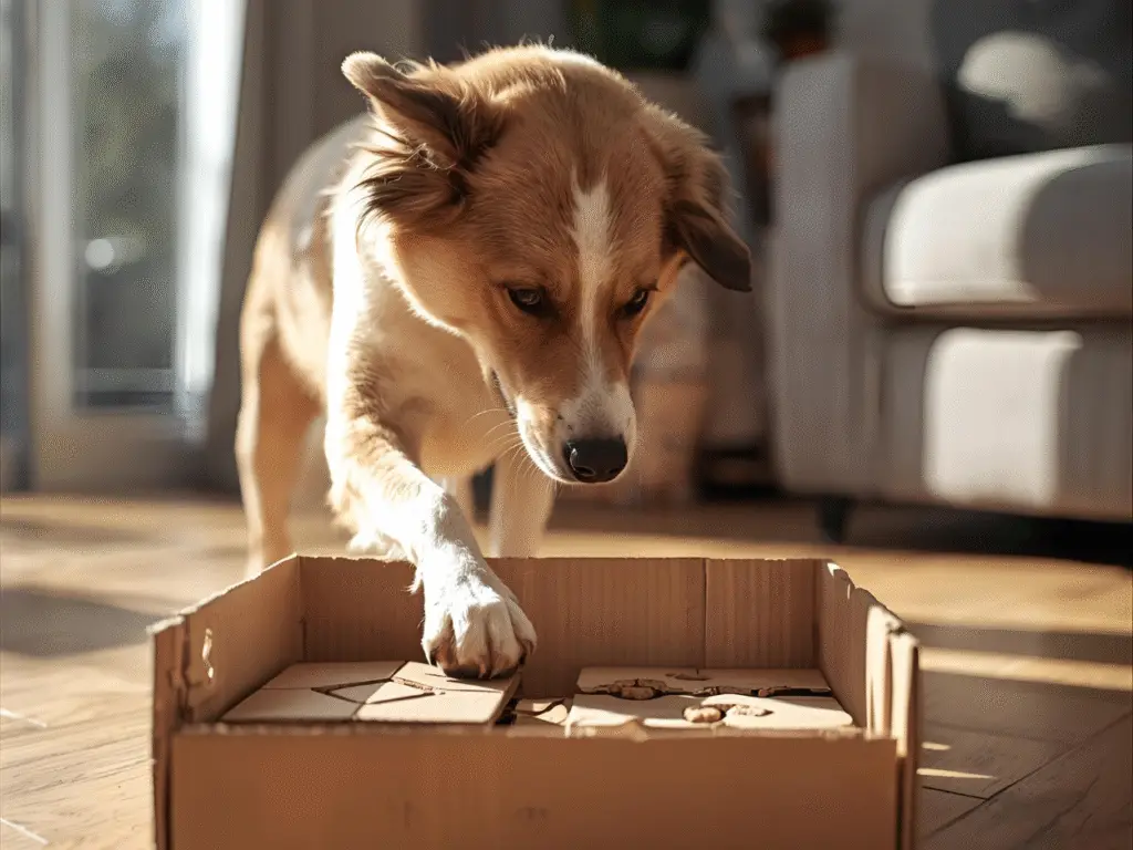 Dog pawing a cardboard box treat puzzle