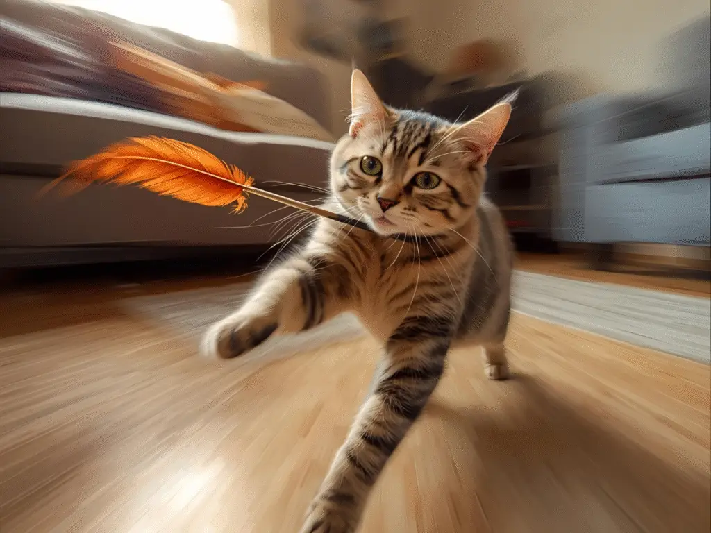 Cat chasing feather wand