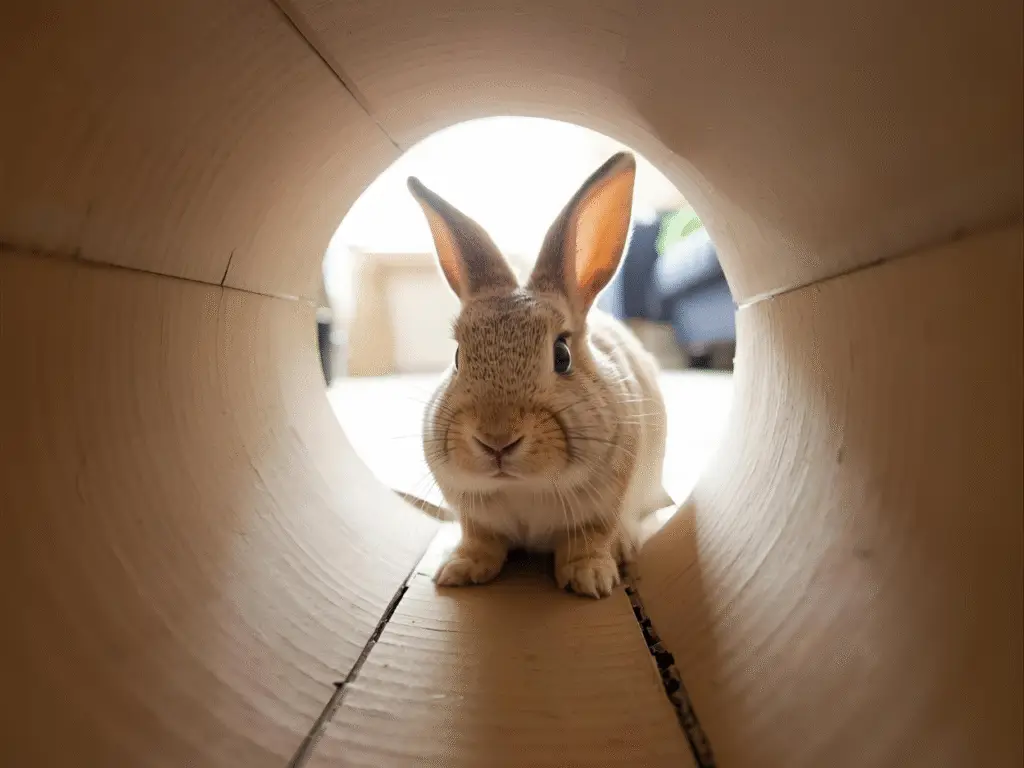 Bunny exploring a cardboard tunnel