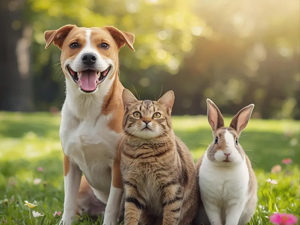 Happy pet collage (dog, cat, rabbit together)