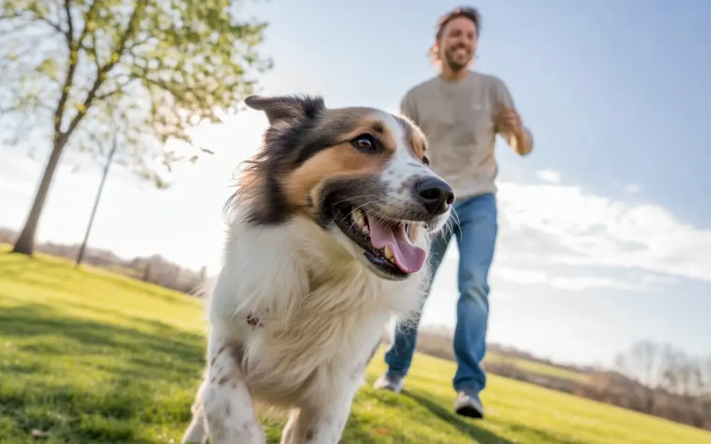 happy dog playing fetch
