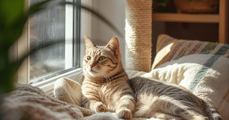 Happy indoor cat sitting by window in cozy living room with cat tree