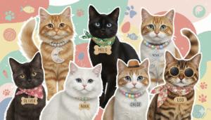 A playful collage of cats with name tags