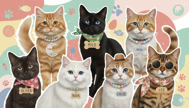 A playful collage of cats with name tags