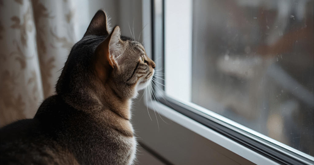 Cat meowing loudly toward a window or owner