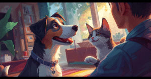 Dog and cat looking at owner