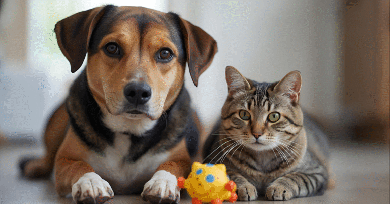 Dog and cat looking bored indoors