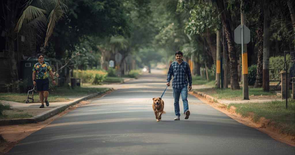 Dog walking on a quiet street