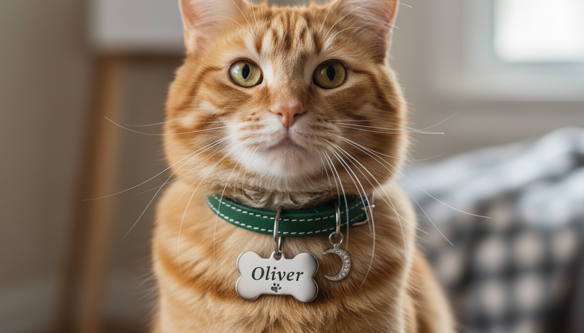 Cat wearing engraved name tag collar
