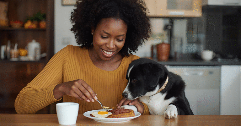 Owner feeding pet breakfast calmly
