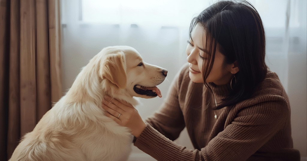 Owner watching pet calmly