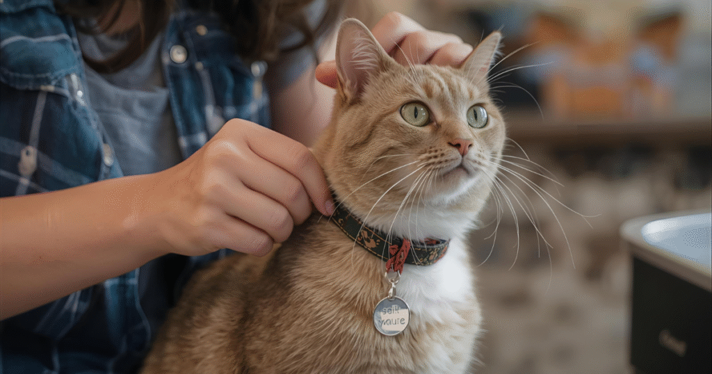 Owner attaching custom tag on cat’s collar