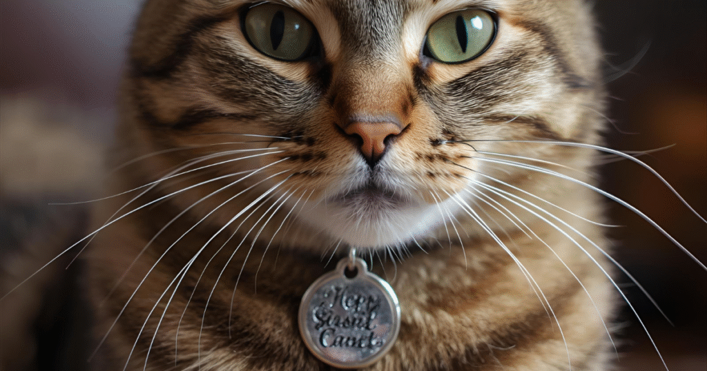 Close-up of cat with name tag around neck