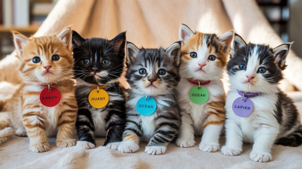 Group of kittens with colorful name tag collars