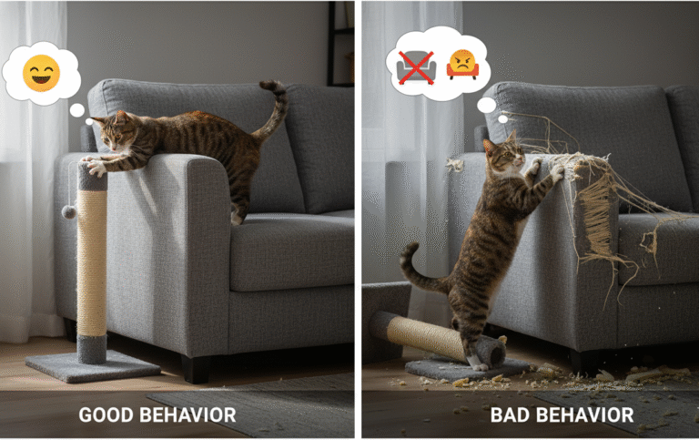 Indoor cat using scratching post instead of furniture