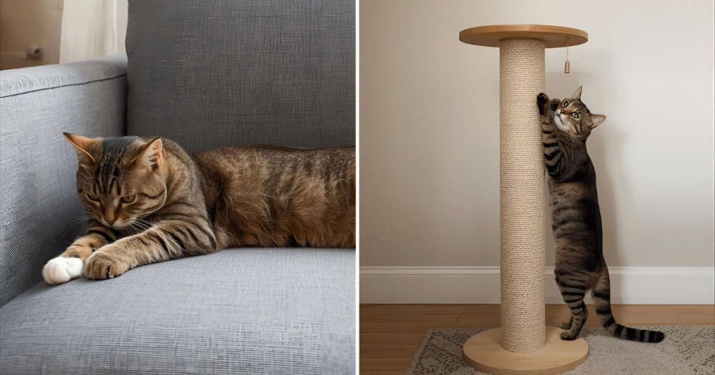 Before and after: cat scratching sofa vs. cat using scratching post.
