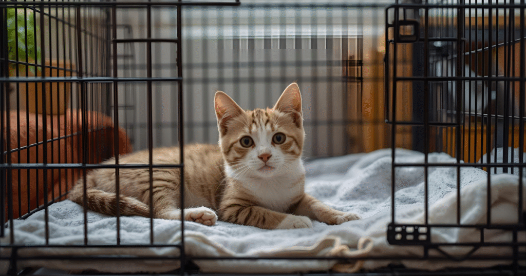 pet safe space with bed and toys