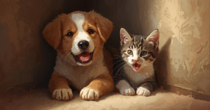 puppy and kitten in cozy home